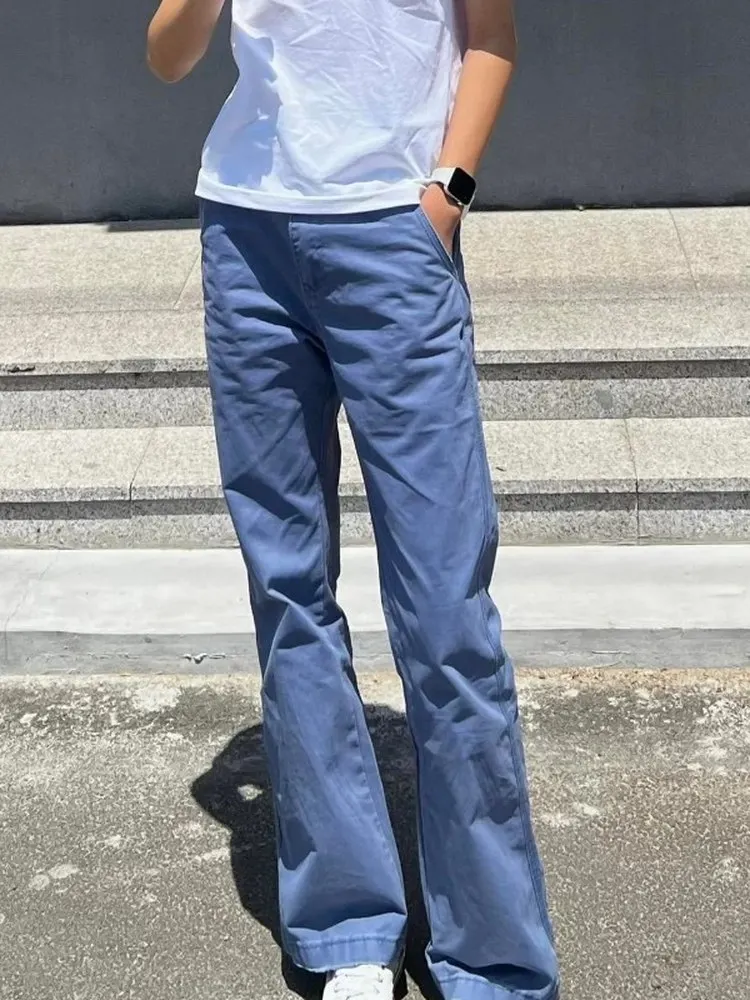 Blue Flared Casual Jeans Men's Leg Lengthening French Work Loose Fit American High Street Style mid Waist Zipper Closure
