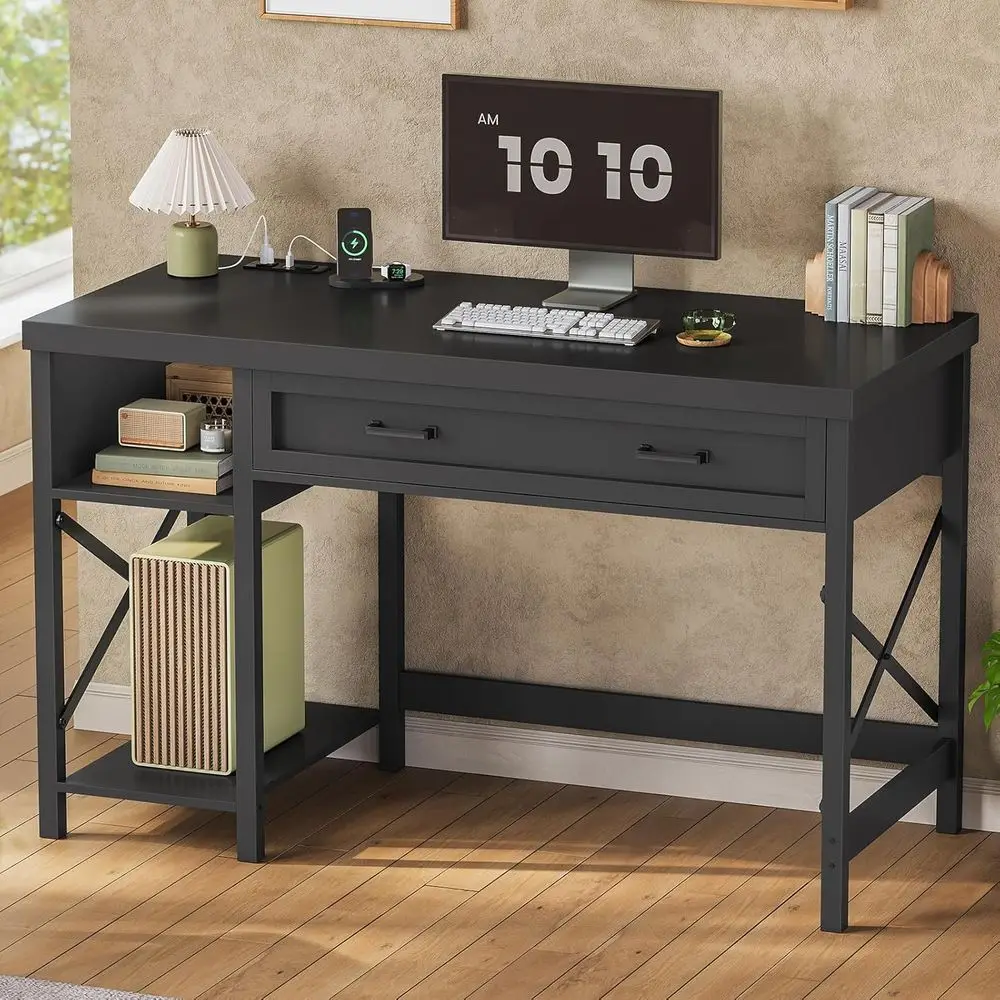 

40" Small Computer Desk, armhouse Small Desk with Der & Storage Shelves, Writing Desk with Power Outlet, Study Table, Desk or Be