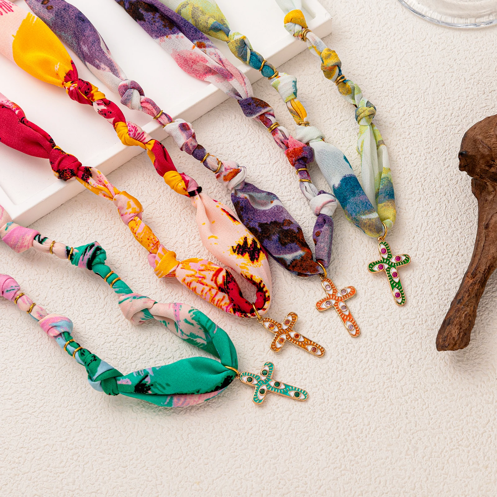 

New hot selling gradient color rope chain cross necklace, Bohemian retro necklace