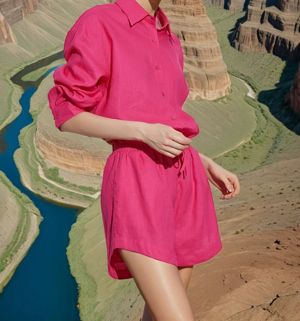 

2025 Summer New Lapel Long Sleeve Slim Shirt + High Waist Elastic Shorts Suit Women-GZXX908