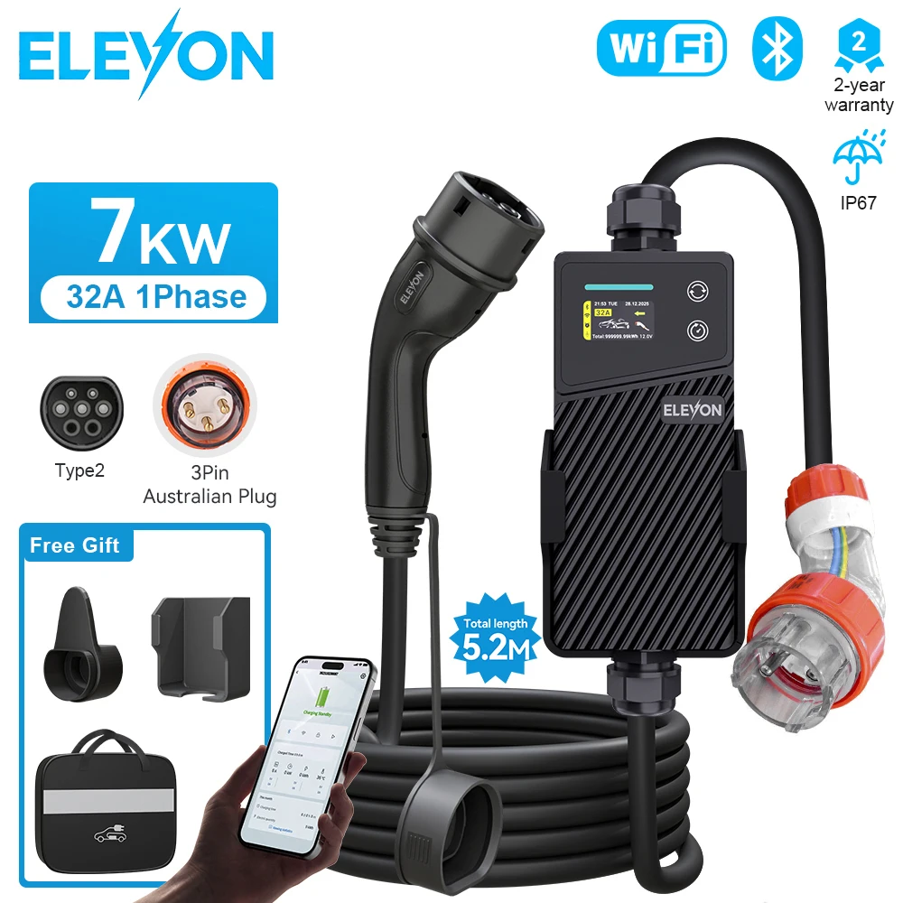 ELEVON Type2 7kw Portable Electric Vehicle Charger 32A Single-Phase EV Charge EVSE Wallbox Charging Cable IP67 for EV Charging