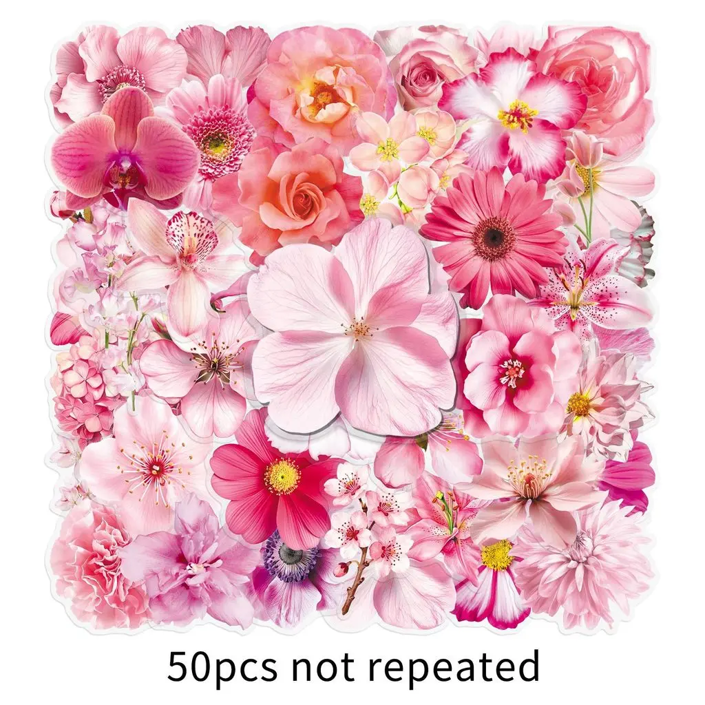 

50Pcs Pink Floral PET Transparent Stickers INS Style Flower Decals Kawaii Journal Decor Stickers Papery Pop Store