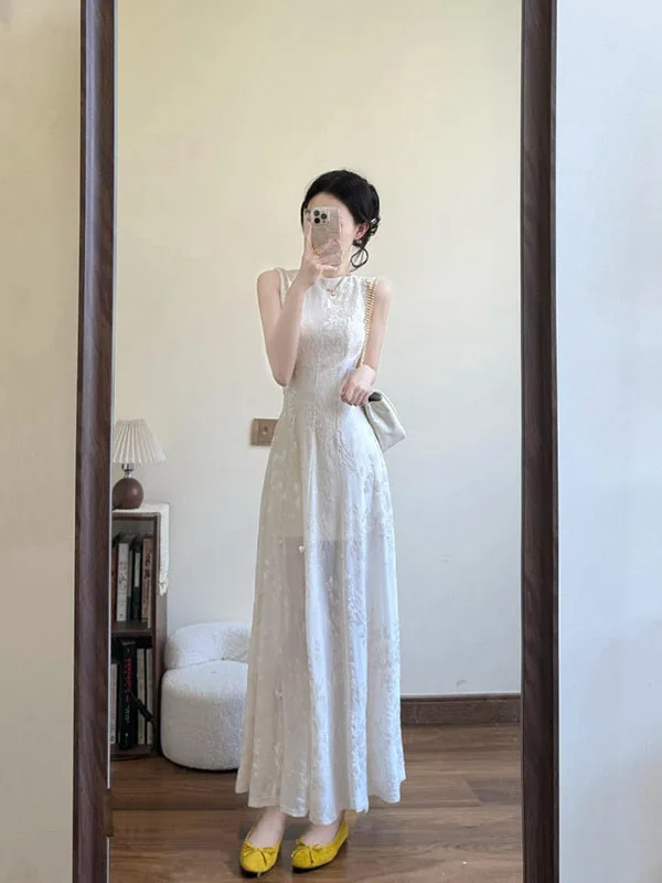 

Summer Vaion Svel Vest White Dr Women's New Design High-End Sensation Waist-Cinching Long Dr Ele Print A-L...