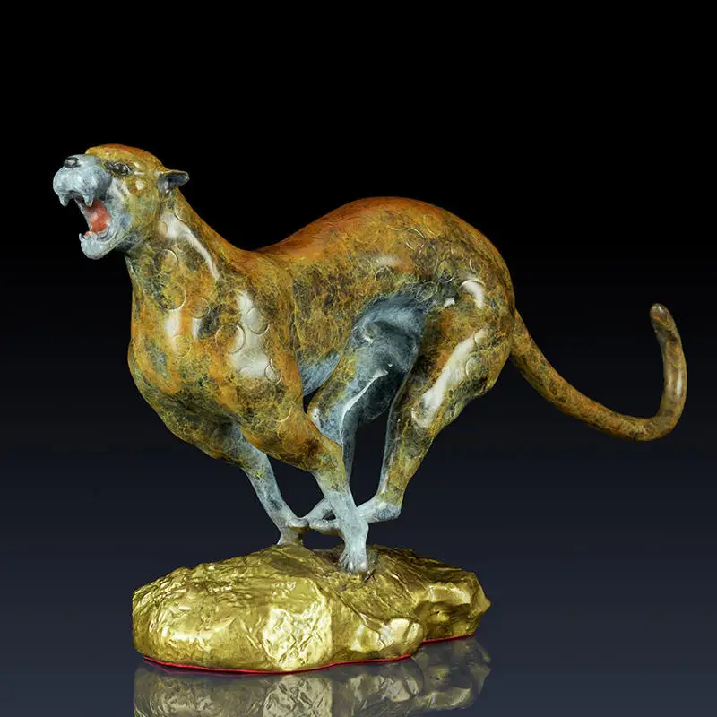 ATLIE Animal Sculpture Cheetah Statue Multicolor Brass Large Leopard Panther Wildlife Art Home Office Decor