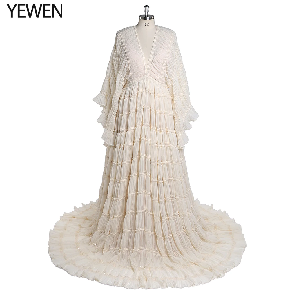 Newest Elegant V Neck Stretchy Waist Fomal Evening Dress Bohemian Beach Bridal Dress for Women Free Send Slip YEWEN YW220406-1