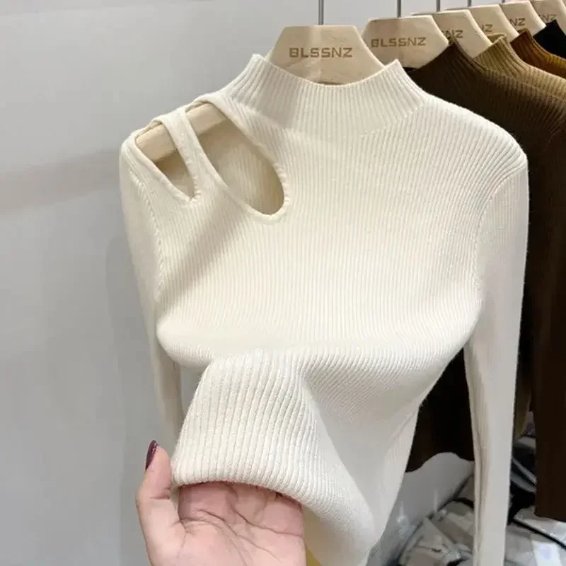 

2025 Autumn Winter Basic Women Sweaters Hollow-out Turtleneck Knitted Women Sweater Ribbed Pullovers Fit Soft Warm Tops