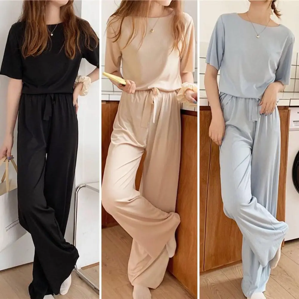 

Ice Silk Pajamas Women's Summer Pajama Set with Ice Silk T-shirt Wide Leg Trousers Sleepwear Outfit for Wear Women Summer