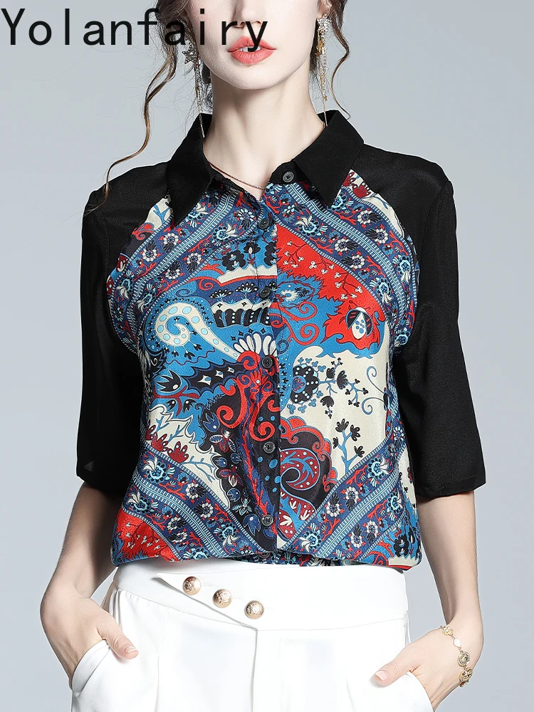 YOLANFAIRY 100% chemises en soie de mûrier véritable pour femme été Vintage imprimé femmes chemise hauts Patchwork chemises à manches courtes femme