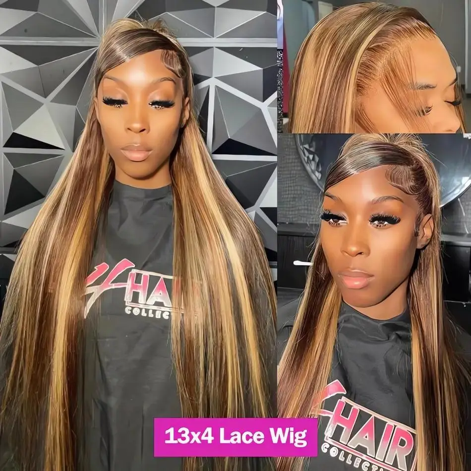 P4/27 Highlight Straight Human Hair Wig 13x6 Hd Lace Frontal Wig Pre Plucked Ombre Honey Blonde Brown Wig 100% Human Hair