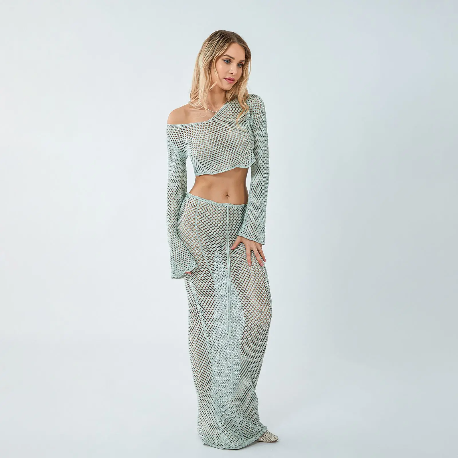 

2025Summer Sexy Beach Top Slit Short Skirt Hollow Suit Women Single Collar Bell Sleeve Loose 2-piece Set Seashore Swimsuit Cover
