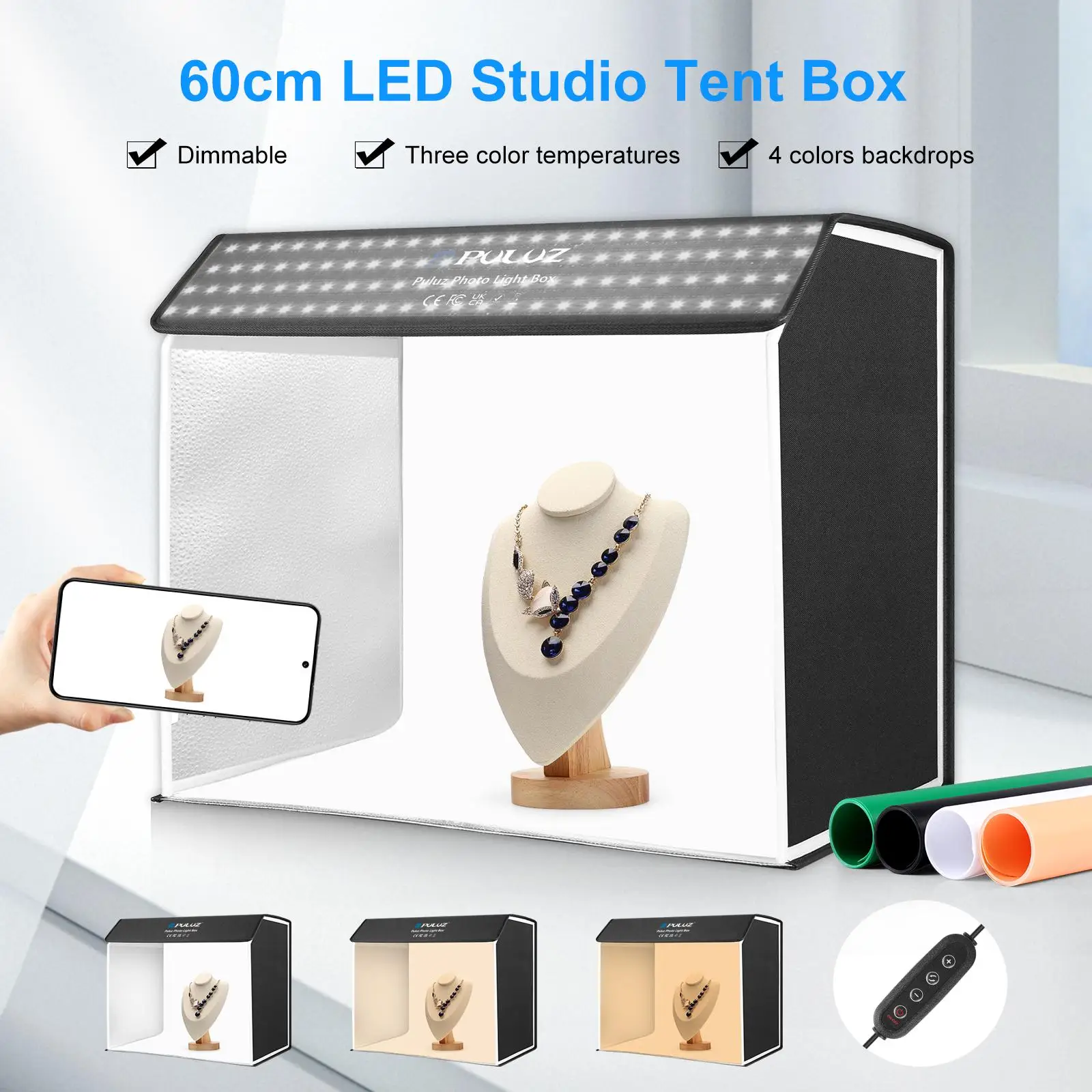 PULUZ 24x16x20inch Photo Studio LED Light Box Portable 60x40x50cm Cuboid Photography Studio Tent Kit with 4 Color Backdrops