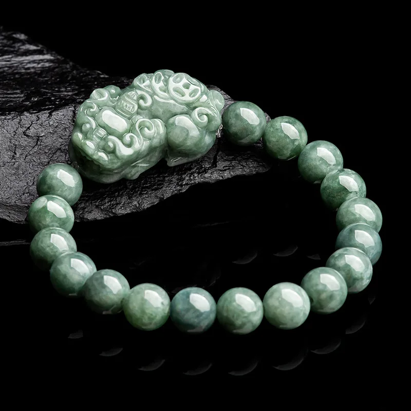 

Natural Jade Green Bracelet for Couples Round Bead Elastic PI Xiu Hand-carved Bracelets Fashion Accessories Holiday Gifts