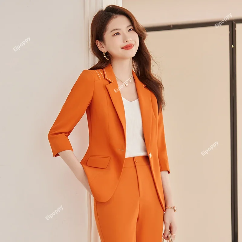 

2024 Fashion Women Pant Suit Orange Pink Black White Three Quarter Sleeve Blazer and Trouser Formal Office