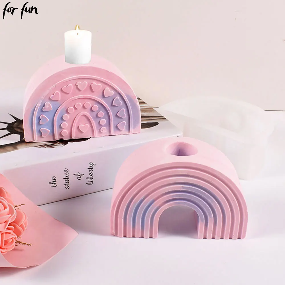 For Fun Rainbow Arch Shaped Candlestick Silicone Molds DIY Concrete Plaster Rainbow Candle Holder Tray Pottery Mould Home Decor