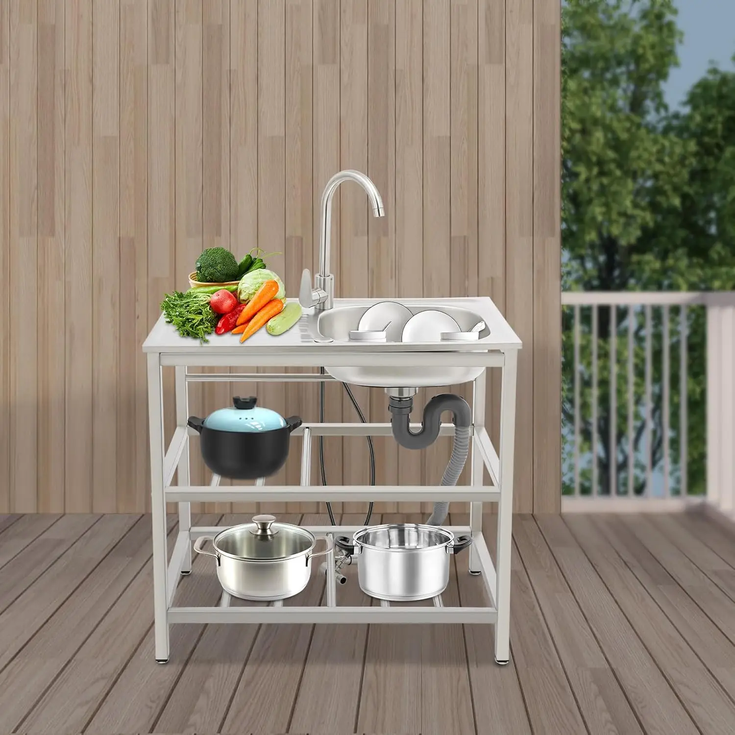 حوض خارجي قائم بذاته، حوض مطبخ فردي من الفولاذ المقاوم للصدأ مع صنبور قابل للتعديل وأنبوب صرف، حوض محمول للاستخدام الخارجي #2