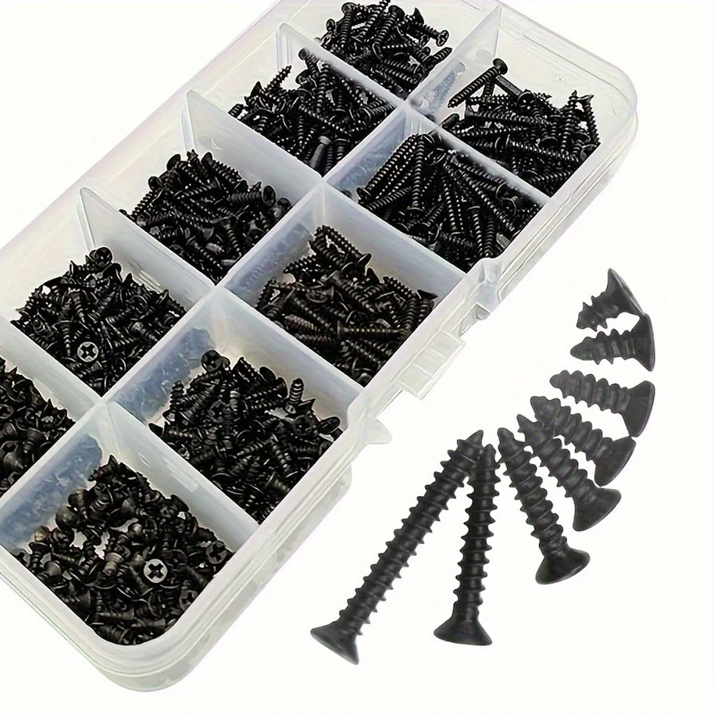 800pcs M2 Kit de sortimento de parafusos auto-roscantes Phillips pretos, parafusos de travamento e parafusos para madeira