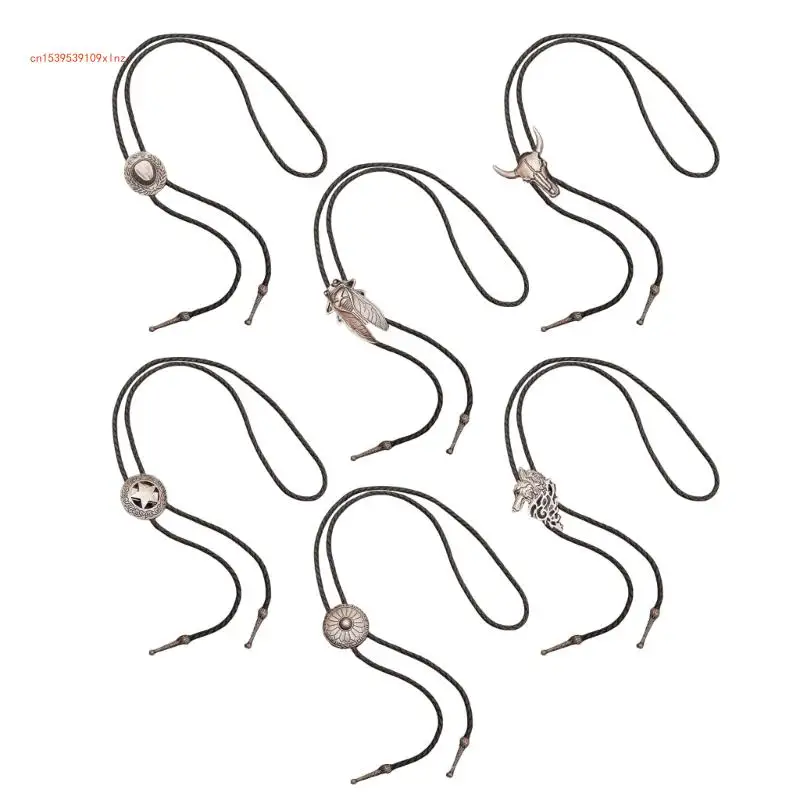 

6Pcs Rodeos Adjustable Leather Bolo Tie Cow Skull Metal Pendant Necktie Necklace