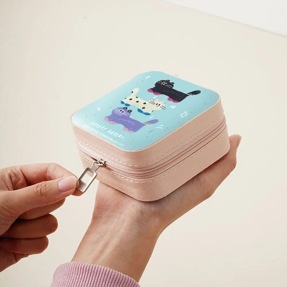 

Portable Pet Cat Pattern Jewelry Box Cute Cartoon Jewelry Case Pu Leather Mini Storage Box Earrings