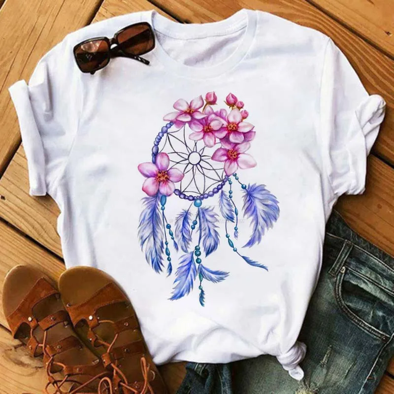 Women Summer Short Sleeve Dream Feather Fashion Print T-shirts Fashion Tops T Shirt Ladies Womens Graphic Female Tee T-Shirts