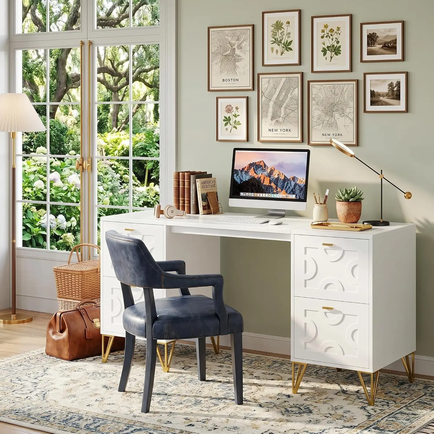 Office Desk with 4 File Drawers, White & Gold Home Office Desk