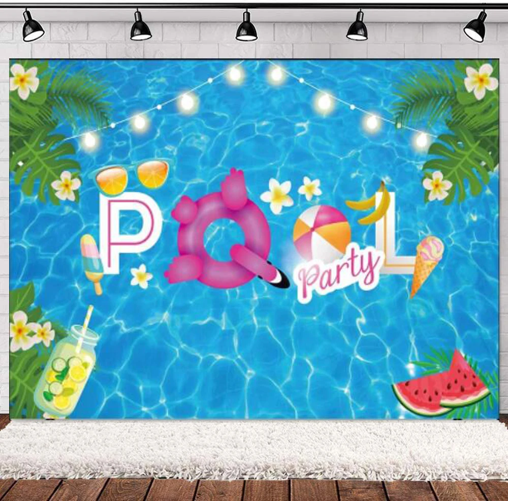 Swimming Pool Party Photography Backdrop Water Wave Ripple Baby Shower Birthday Background Hawaiian Flower Lifebuoy Decoration