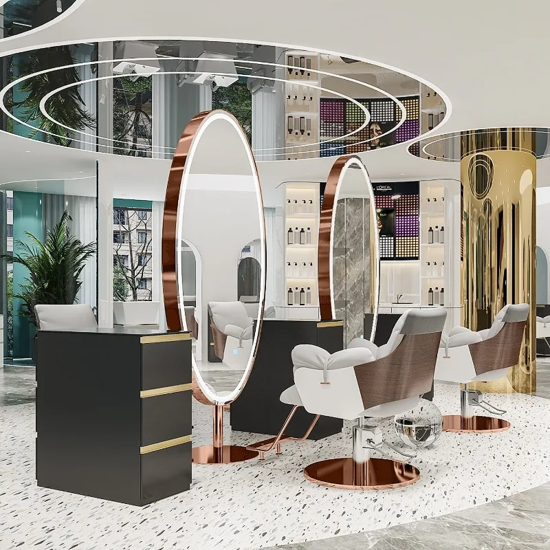 Stainless steel floor mirror full body mirror hair salon special hairdressing double-sided mirror with light led