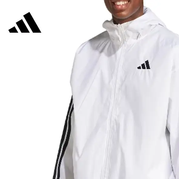 Adidas KC7655 Womens White Black Woven Windbreaker Jacket Mesh Lined Hooded Oversized 3-Stripes Sports Top