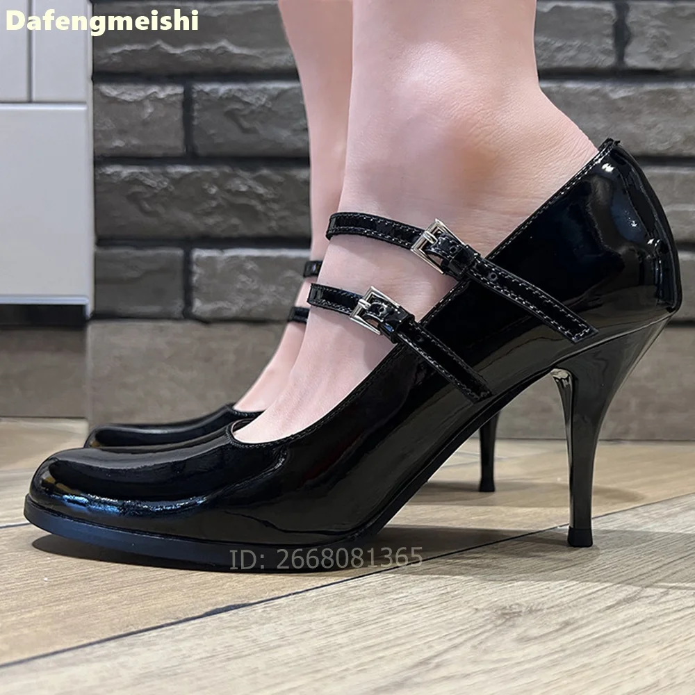 Black Patent Leather Round Toe Mary Jane Heels Double Thin Straps Stiletto Pumps Ladies Fashion 8Cm Office High Heels Sandals