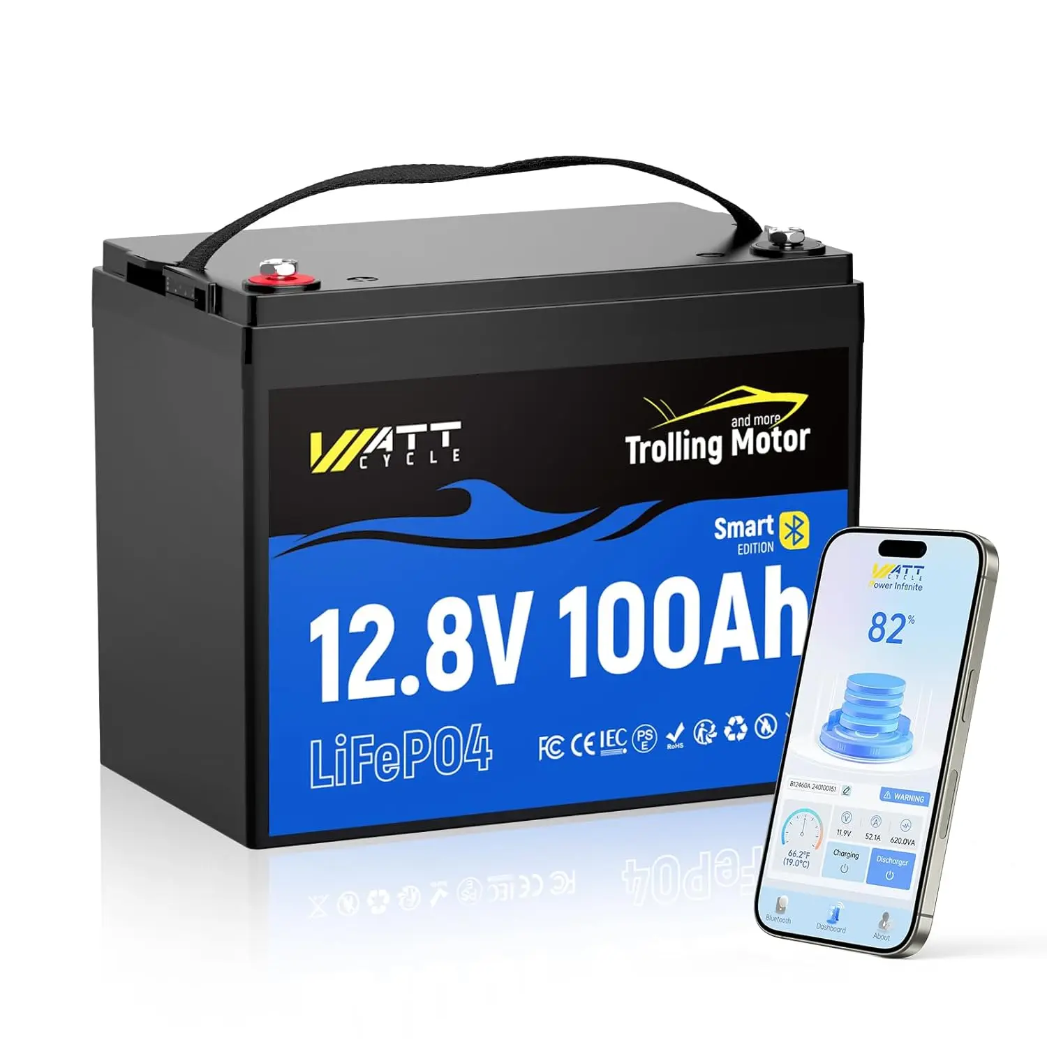 12V 100Ah LiFePO4 Battery 120A BMS IP67 Marine Bluetooth Monitor APP Boat RV Solar Custom