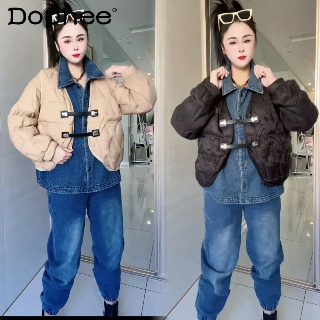 Fleece-Lined Thicken Denim Stitching 3 Piece Set for Women 2023 Fall Winter New Cotton Vest Coat Fashion Jeans Suit Female