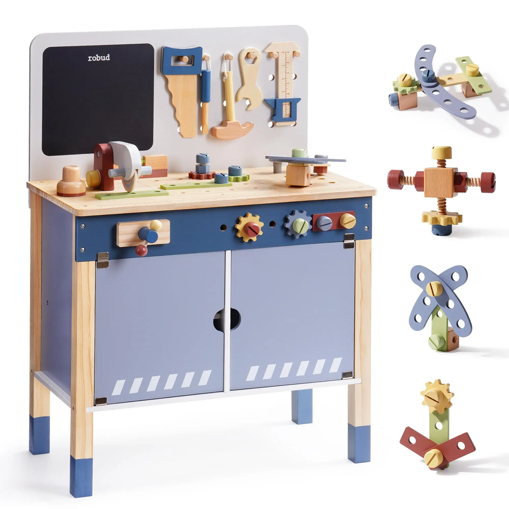 ROBUD Wooden Toy Workbench Pretend Play Creative Building Set Construction Workshop Tool Bench Toys Unique Gift for Kids 3+