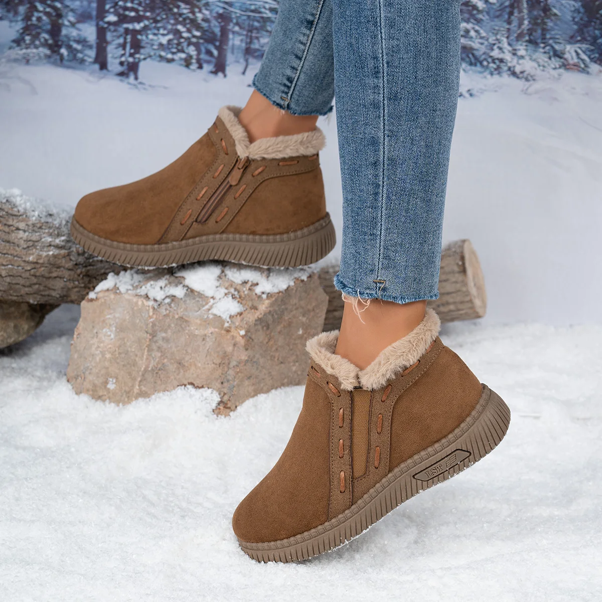 Women Winter Boots Brown Women's Ankle Boots Side Zipper Warm Fleece Lined Non‑Slip Flat Snow Boots Casual Daily Outdoor Wear