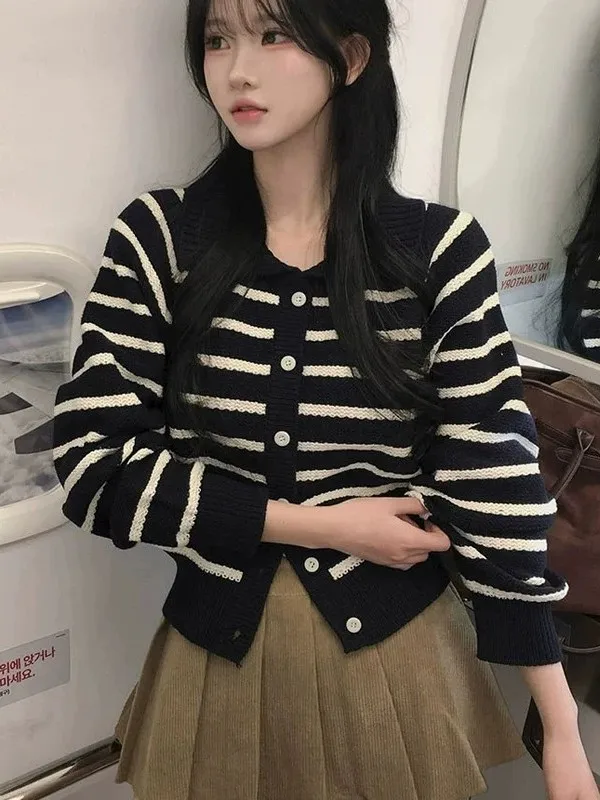 Chic Autumn Winter College Style Retro Single Button Turn-down Collar Striped Knitwear Women Casual All-matching Sweater Coat