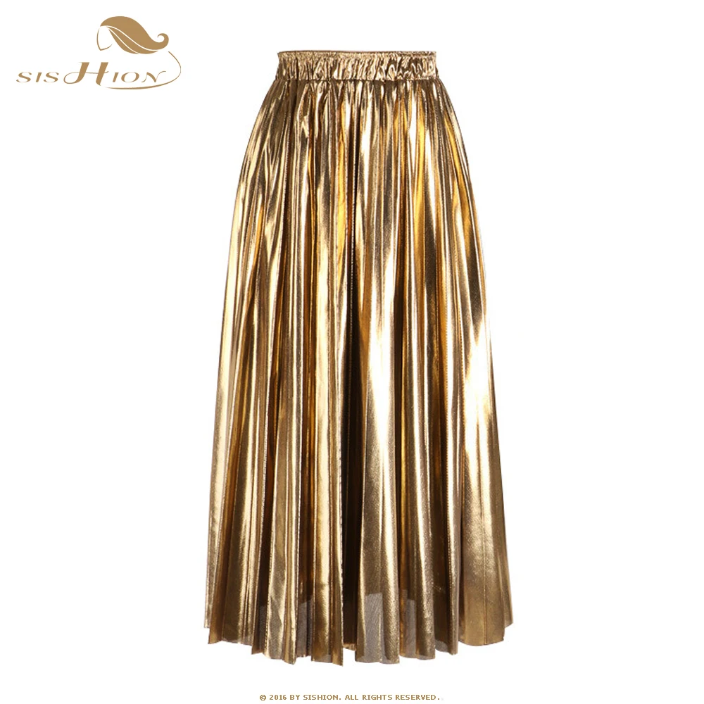 

SISHION Summer Long Elegant Women Midi Skirt SS0039 High Waist Black Silver Gold Solid Color Pleated Skirts