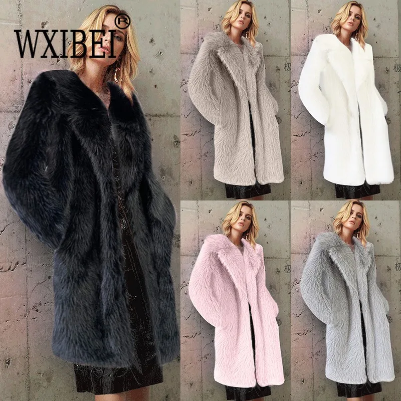 White Long Faux Fur Coat Women Autumn Winter Large Jacket Overcoat Turn Down Collar Pockets Thick Coat Warm Jackets Maxi Coats