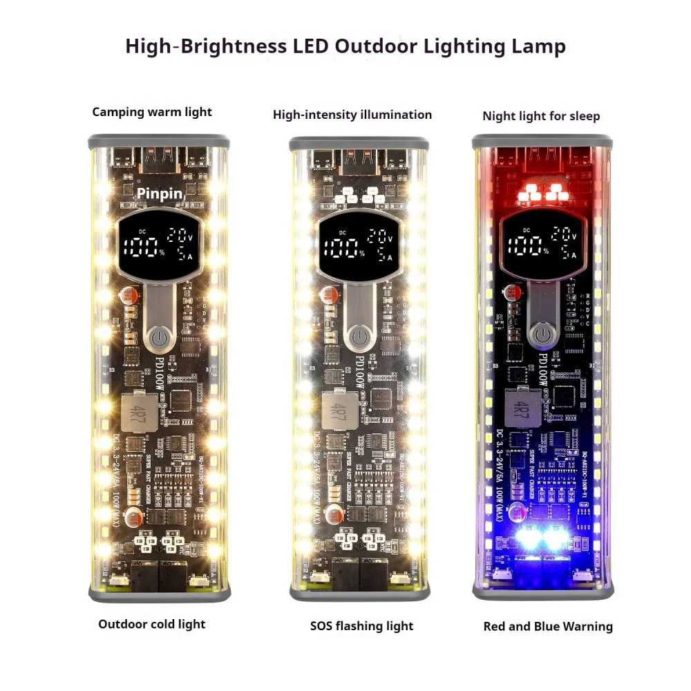 PD 100W Transparent Power Bank Case Solder‑Free 8 Slot 21700 Battery Holder DC3.3‑24V Adjustable Voltage LED SOS Light DIY Shell