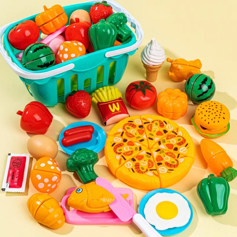 Kids Pretend Play Toys Simulation Birthday Cake Pizza Toddler Cutting Fruit Vegetable Set Early Montessori Education Puzzle Toy