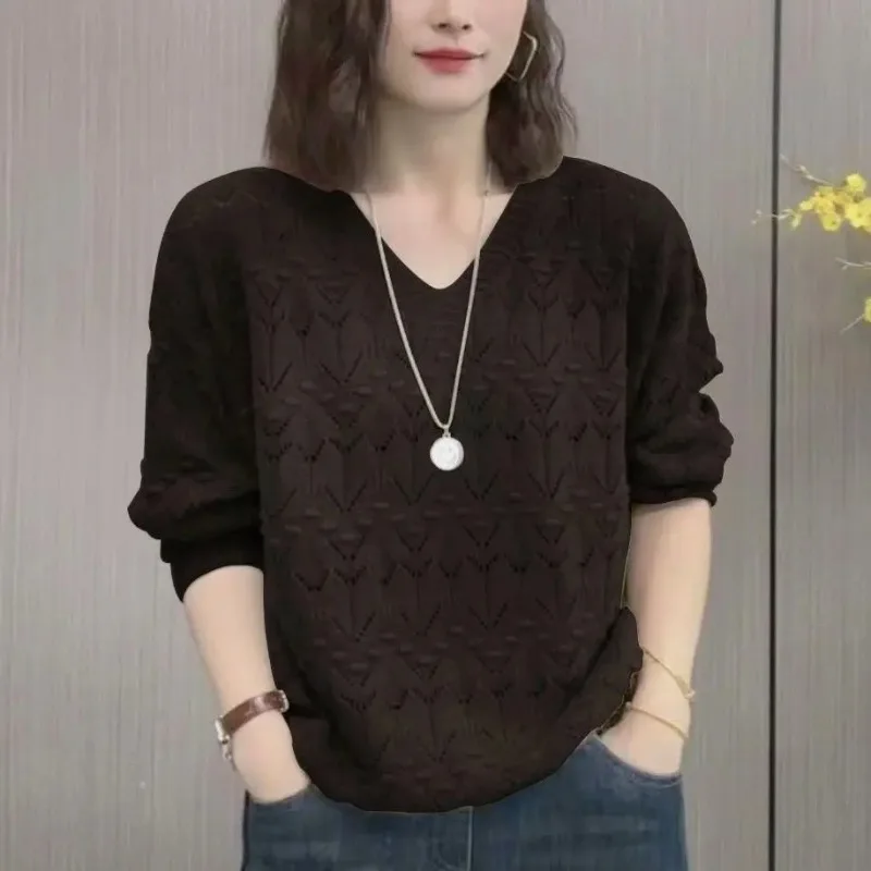 2024 Women's Summer New Pullover V-neck Patchwork Fashion Solid Color Hollow Out Loose Versatile Knitted Long Sleeved Sweater