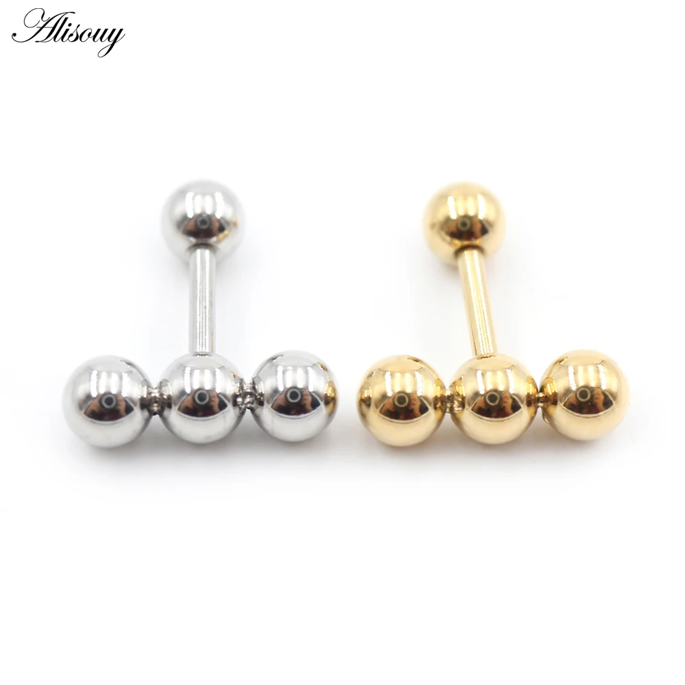 Alisouy 2PC Surgical Stainless Steel Threaded Three Balls Bean Women Men Girl Ear Stud Cartilage Screw Earrings Piercing Jewelry