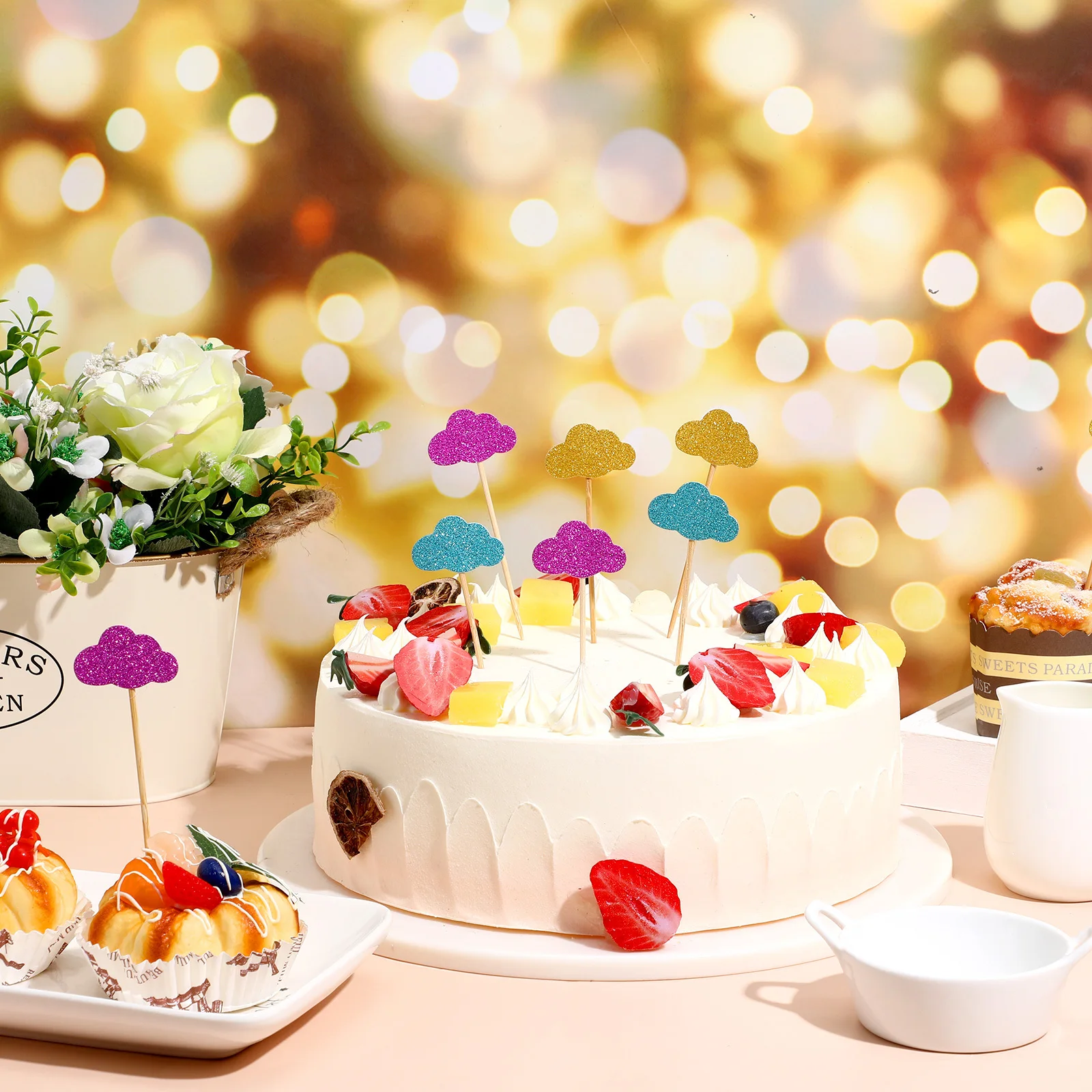 

20Pcs Cloud Cake Decoration Toppers Glittering Picks Cupcake Fruit Party Baby Shower Birthday Supplies Cloud Cake Topper