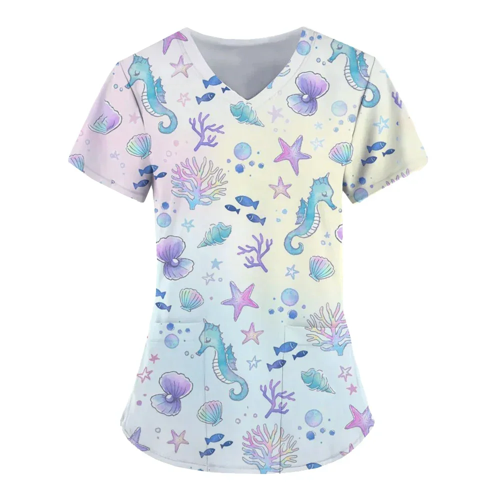 3Dプリントのナースユニフォーム,ポケット付きVネック,海洋生物パターン,快適でファッショナブル
