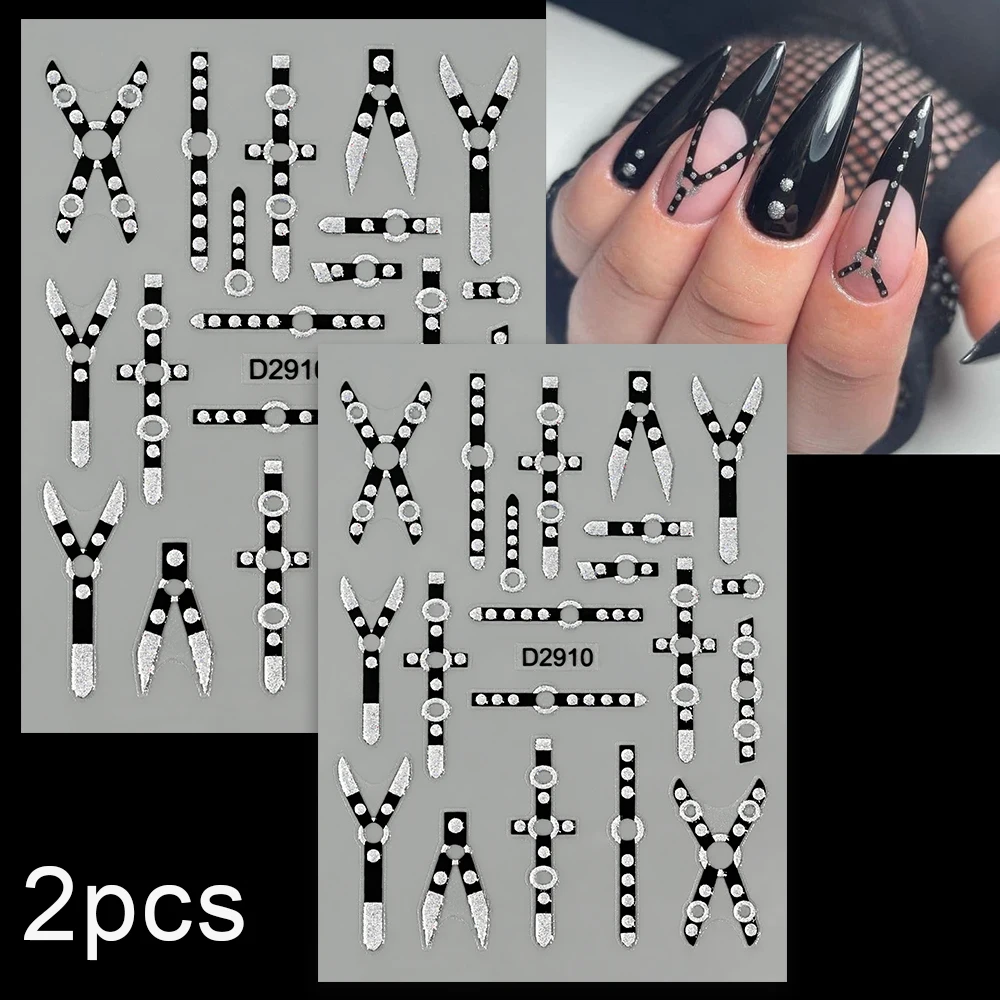

2pcs 5D Punk Style Belt Stripes Nail Art Stickers Silver Glitter Nail Decals Black Bandage Self-Adhesive Sliders for Halloween-