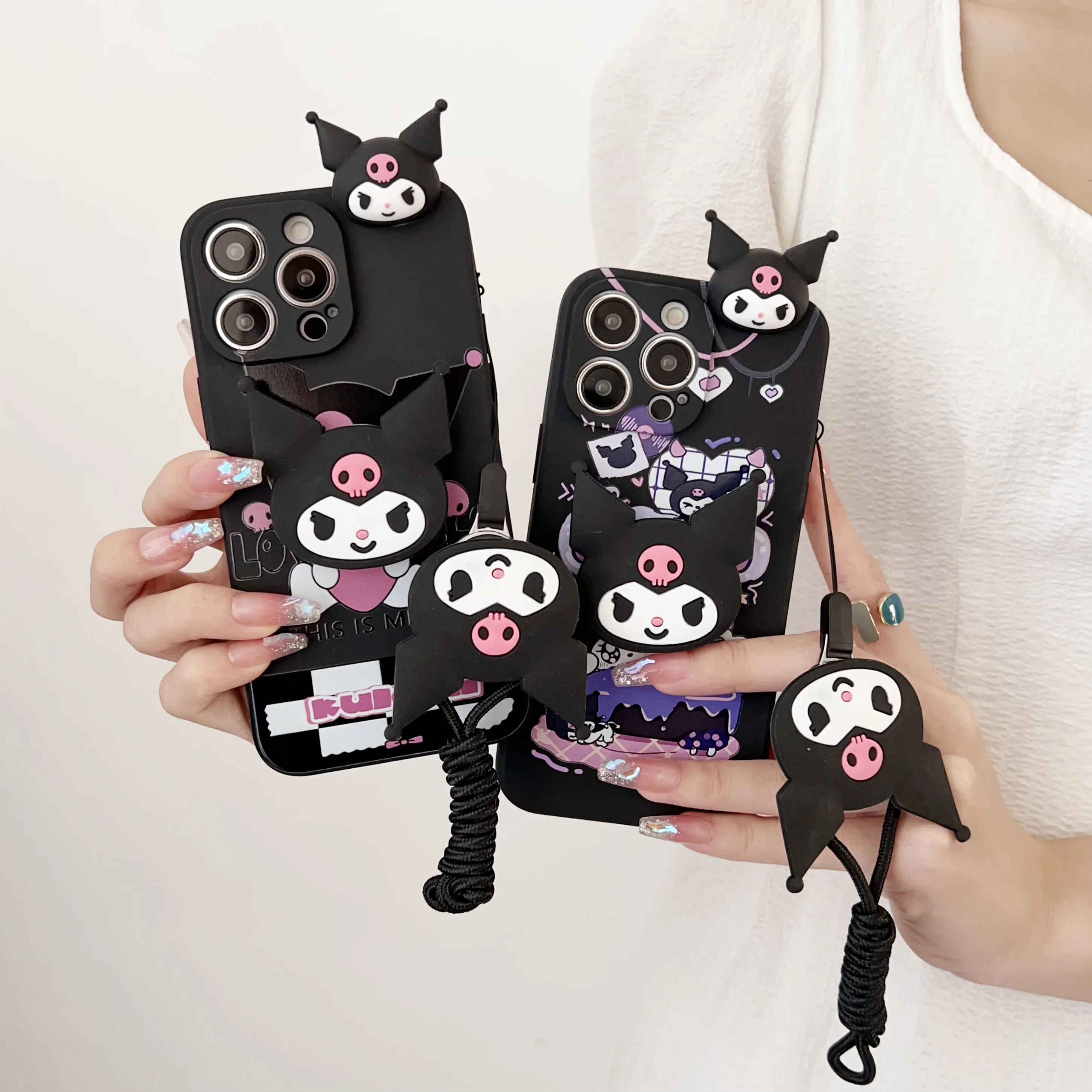 Cute Kuromi Case With Holder Rope For Xiaomi Redmi 8 9 9A 9T 9C 10 10A 11A 10C 12C A1 Note 7 8 9 9s 10 11 12 Pro