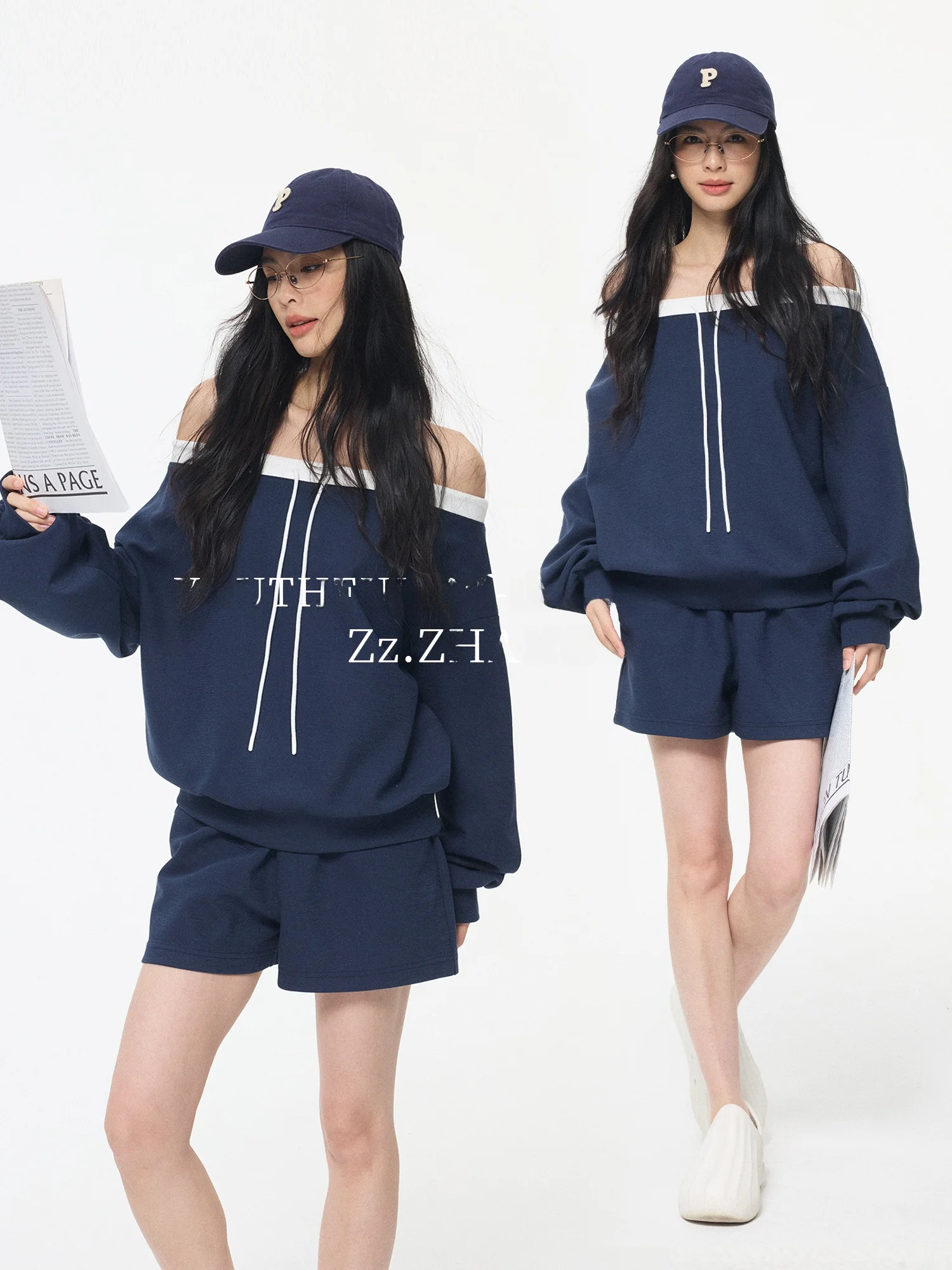 

Спортивный комплект ZzZHANG в уличном стиле: свободные шорты и лонгслив с цветовыми блоками, весна-лето, повседневная одежда для женщин