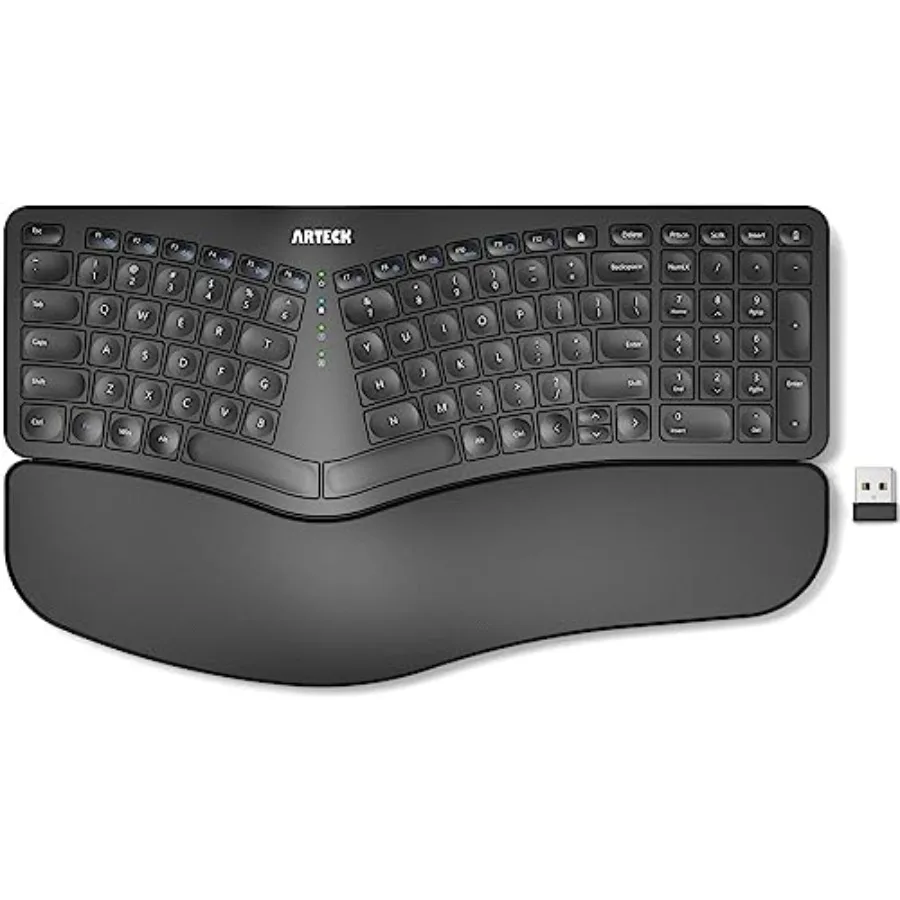 Ergonomic split keyboard for desktop and laptop use ABS plastic material black color with cushioned wrist and palm rest for enh
