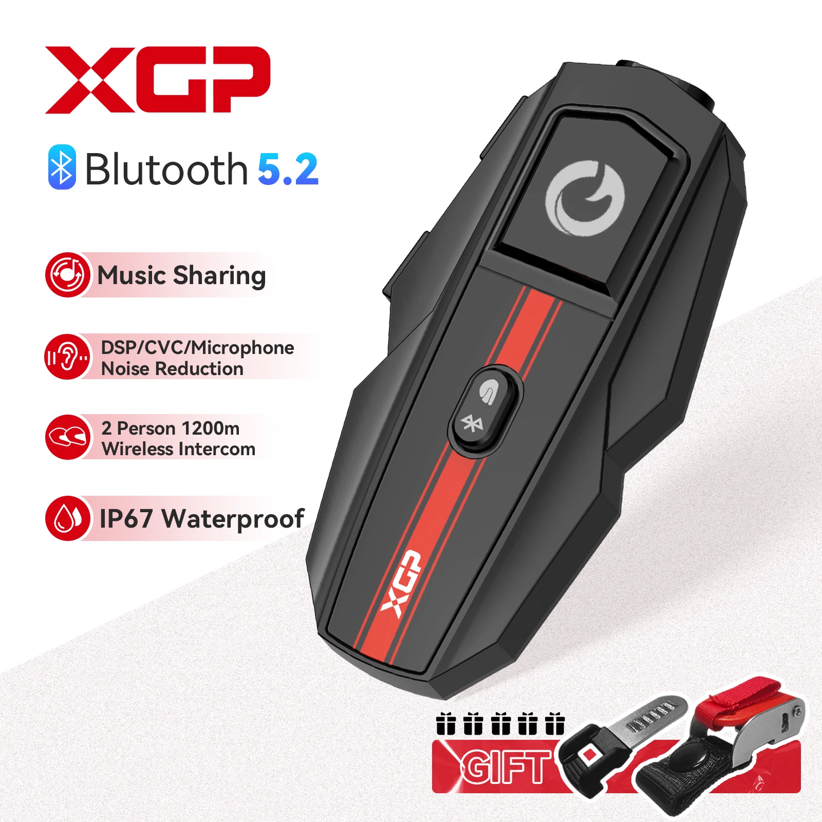 

XGP Motorcycle Helmet Intercom Bluetooth 5.2 Headset with Voice Controls 1000mAh 40mm Hi-fi Speaker for Motorcycle Accessories