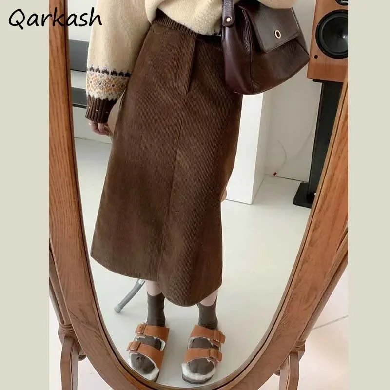 

Skirts Women Corduroy Mid-calf Vintage Split Simple Empire Students Autumn Pure Color Fashion Tender Femme All-match Cozy Daily
