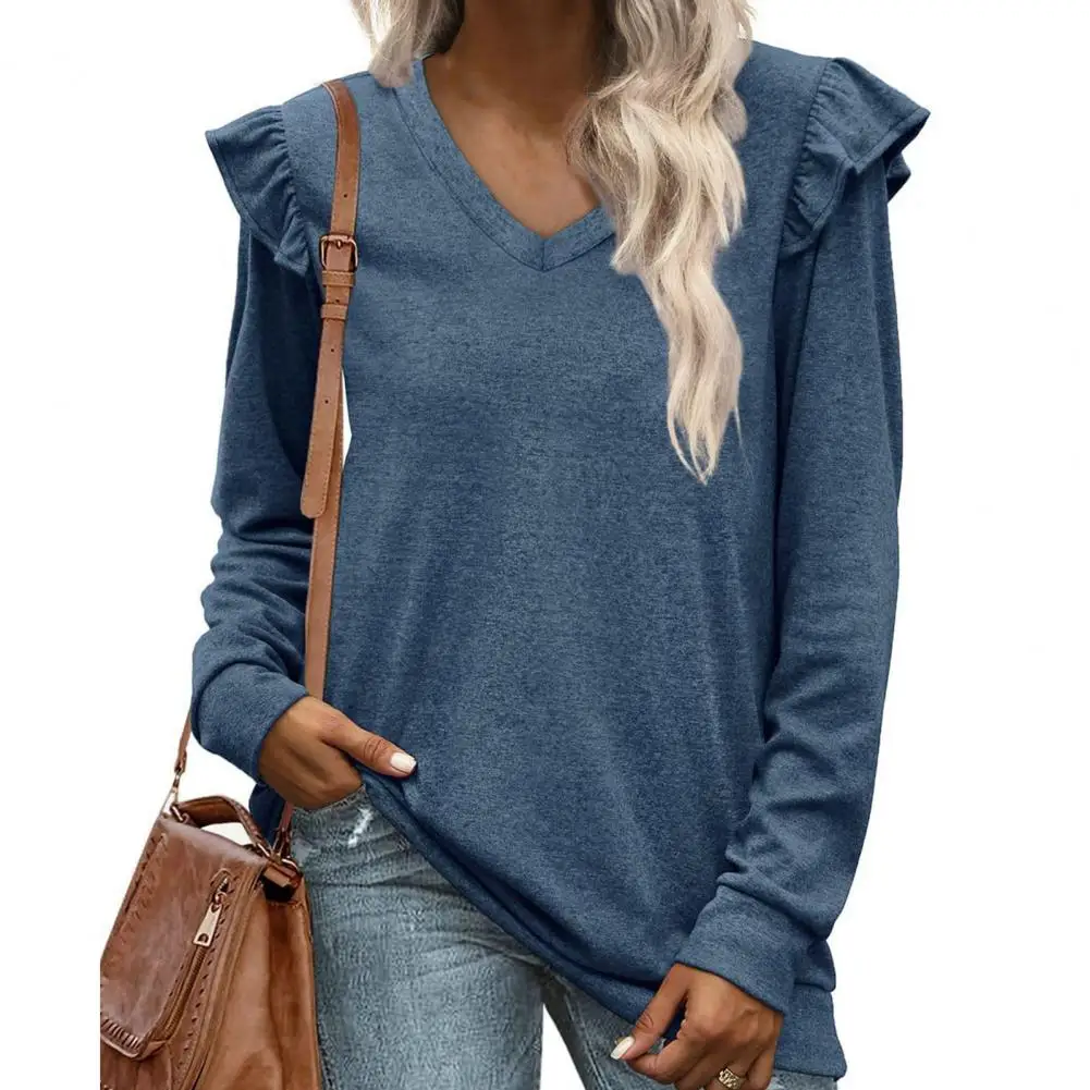 

V Neck Flying Shoulder Long Sleeves Women T-shirt Fall Winter Solid Color Slim Pullover Top Daily Garment Camiseta Woman Clothes