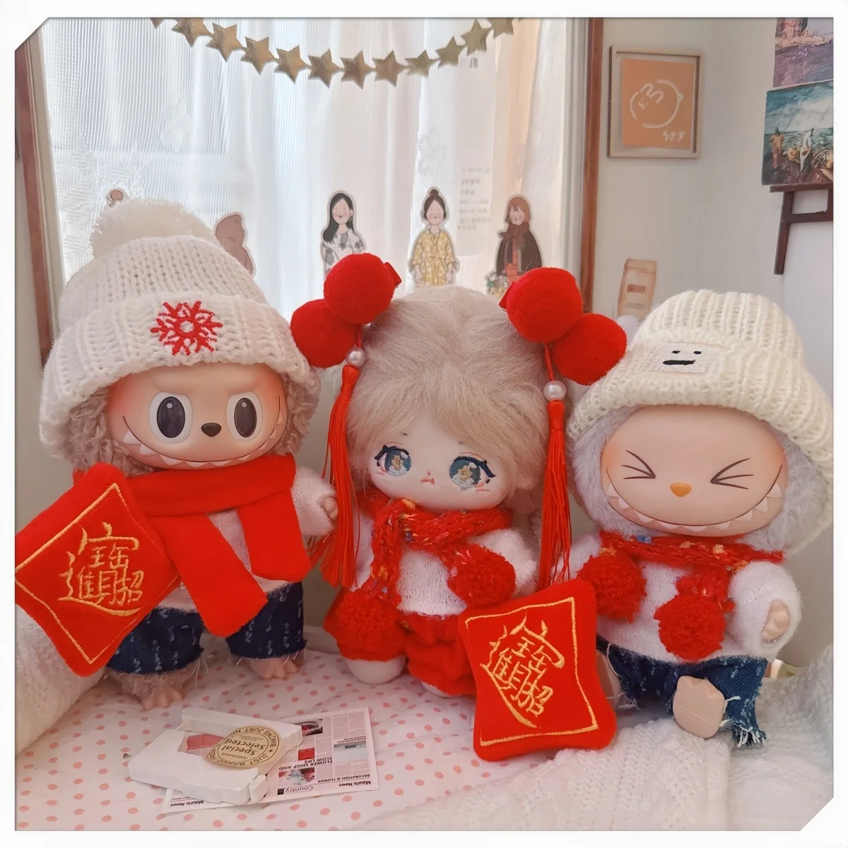 Mini Doll'S Clothes Outfit Accessories For Labubu 15-17cm 10cm cotton doll white sweater red scarf new year pants Clothes gift