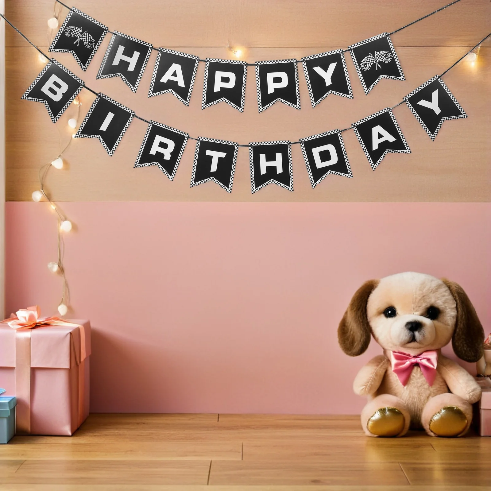 

4Pcs Race Car Bunting Banner Checkered Flags Party Supplies Happy Birthday Decoration Indoor Outdoor Racing Theme Backdrop